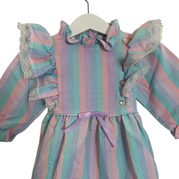 Vintage Toddler Girl Rainbow Stripe Dress 2T Lace Buttons Ribbon Kawaii Bow Cute - Picture 2 of 15
